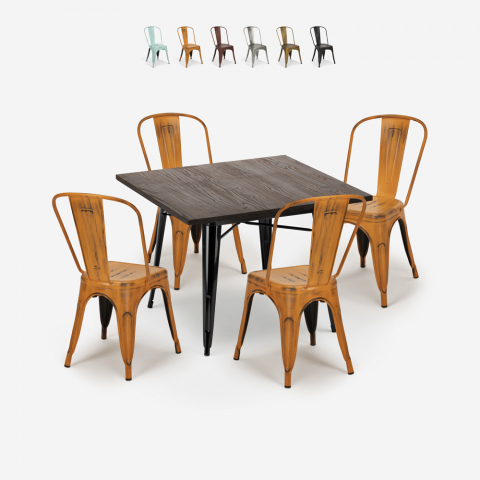 Setti 4 tuolia tolix vintage ruokapöytä 80x80cm puu metalli Burton Musta Tarjous