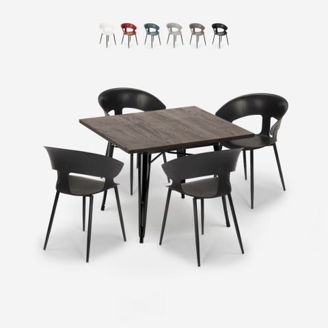 Reeve Black neliön muotoinen pöytä 80x80 cm teollinen tyyli + 4 tuolia moderni muotoilu Tarjous