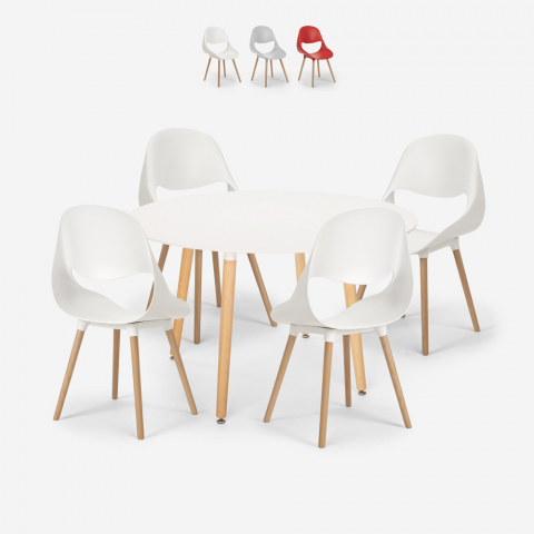 Setti pyöreä valkoinen pöytä 100cm skandinaavinen muotoilu 4 tuolia Midlan Light