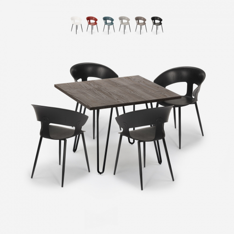 4 tuolin setti moderni design pöytä 80x80cm teollisuusravintola keittiö Maeve Dark