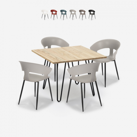 Teollinen pöytäsarja 80x80cm 4 tuolia moderni design ravintola keittiö Maeve Light