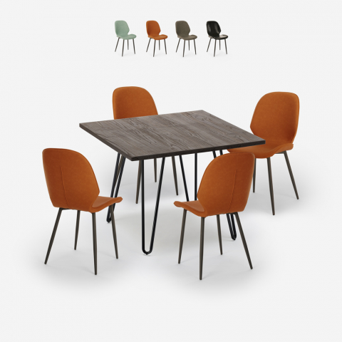 Setti baari keittiöpöytä 80x80cm teollinen 4 tuolia design keinonahka Wright Tumma Tarjous