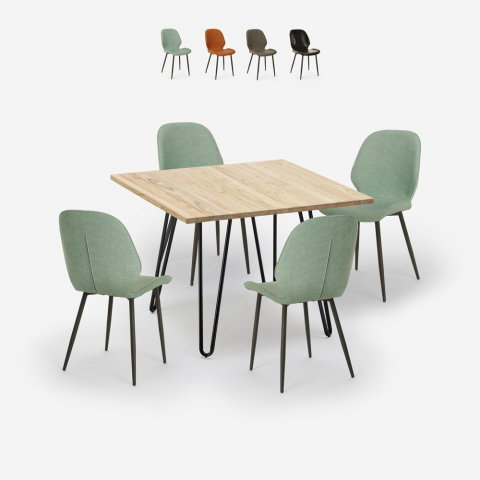 Setti 4 design-tuolia keinonahkainen pöytä puu metalli 80x80cm Wright Light