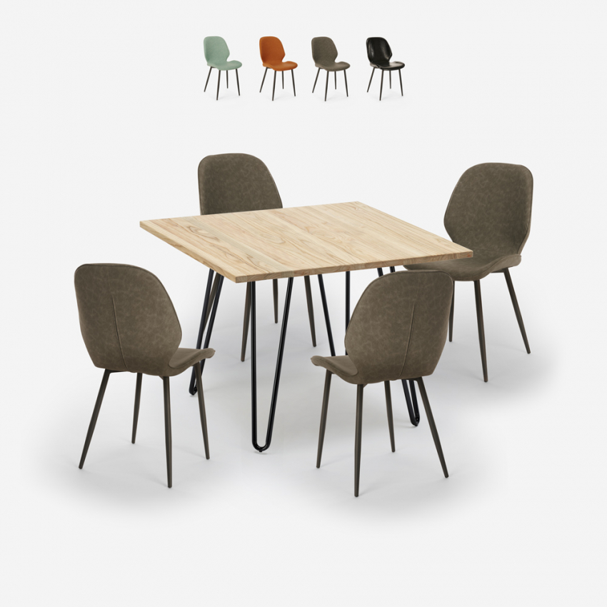 4 design-tuolin setti keinonahkainen pöytä puu metalli 80x80cm Wright Light Myynti
