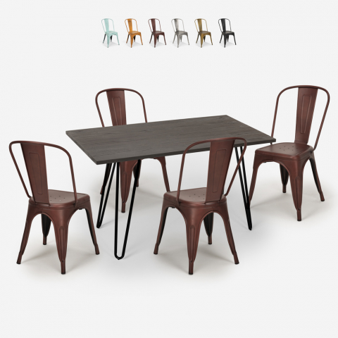 Ruokapöytäsetti 120x60cm puinen metalli 4 vintage tolix-tuolia Weimar
