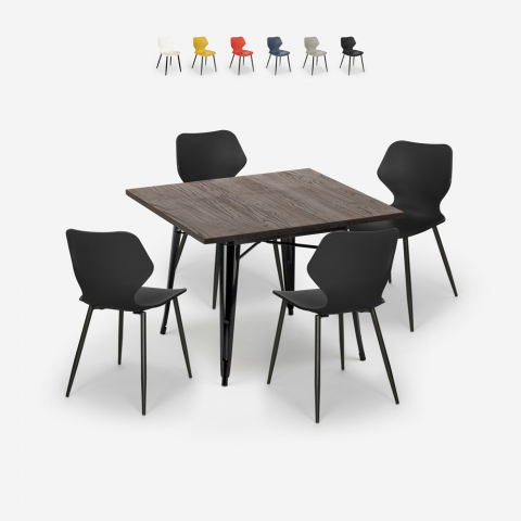 Setti 4 tuolia polypropeenipöytä Tolix 80x80cm neliö metallia Howe Tumma tumma Tarjous
