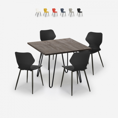 Setti 4 tuolia design neliöpöytä 80x80cm puu metalli Sartis Dark