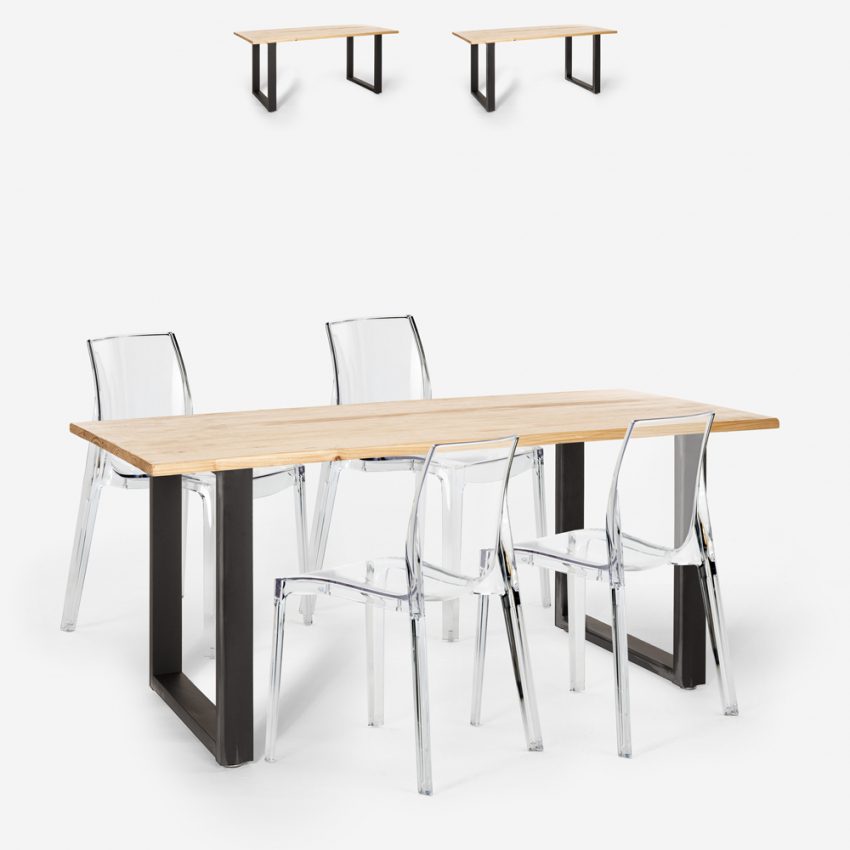 Teollinen ruokapöytä 160x80cm 4 läpinäkyvää tuolia design Hilton Alennusmyynnit