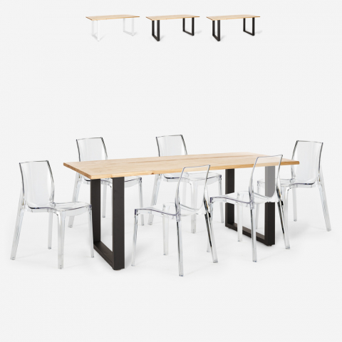 Setti 6 läpinäkyvää design-tuolia teollinen ruokapöytä 180x80cm Vice