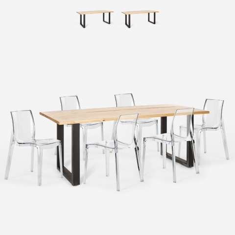 Setti 6 läpinäkyvää design-tuolia teollinen ruokapöytä 200x80cm Lewis