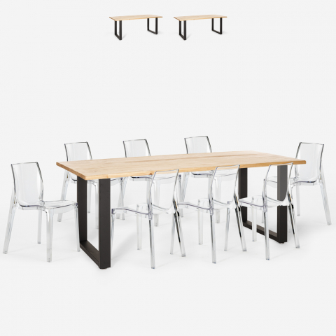 Setti 8 läpinäkyvää design-tuolia teollisuuspöytä 220x80cm Virgil