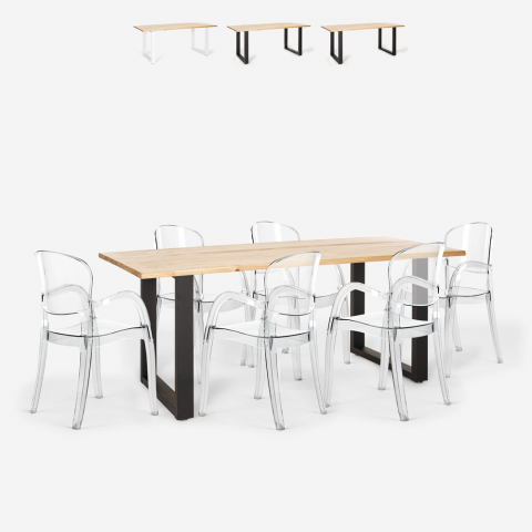 Setti 6 läpinäkyvää tuolia polykarbonaattia pöytä 180x80cm teollisuus Jaipur L