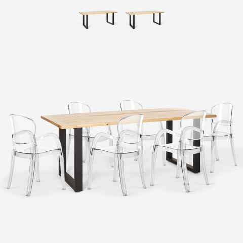 Setti pöytä 200x80cm rautaiset jalat 6 läpinäkyvää tuolia design Jaipur XL