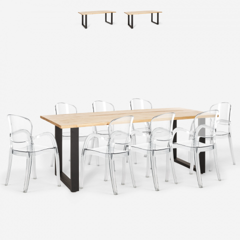 Setti 8 läpinäkyvää tuolia design ruokapöytä 220x80cm Jaipur XXL