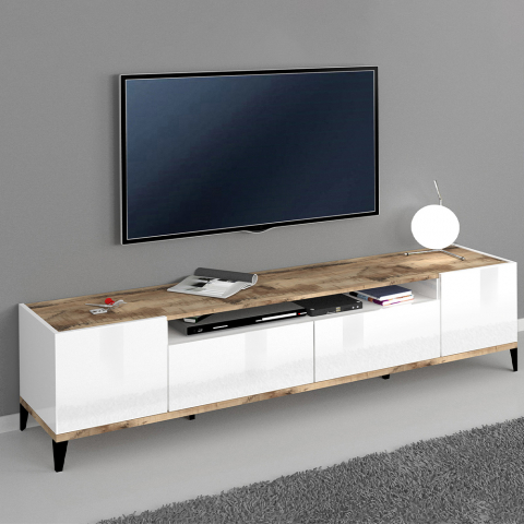 Moderni TV-kaappi laatikostolla 200x40 cm valkoinen kiiltävä Young Wood Tarjous