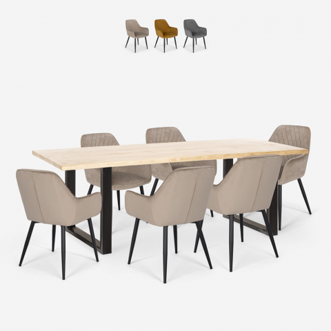 Setti 6 tuolia sametti pöytä 200x80cm teollinen muotoilu Samsara XL2