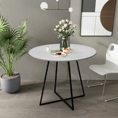 Moderni pyöreä pöytä, 100 cm valkoiset jalat, musta metalliruokapöytä Marmor