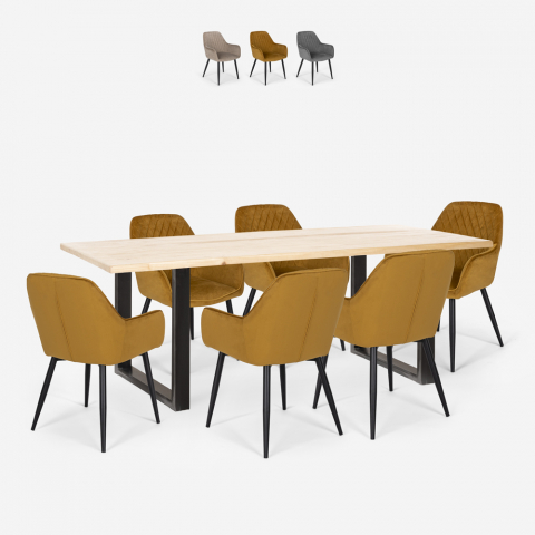 Setti suorakaiteen muotoinen pöytä 180x80cm design 6 nojatuolia samettia Samsara L2