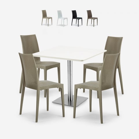 Barrett White pöytä 90x90cm valkoinen + 4 pinottavaa polyrottinkituolia ravintolaan Tarjous