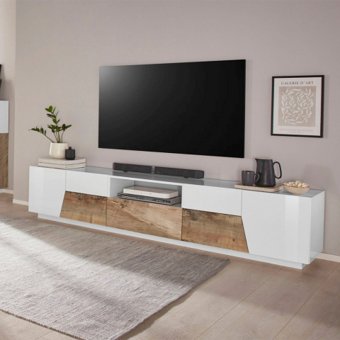 TV-kaappi 220x43cm valkoinen puuseinä moderni olohuone Fergus Wood