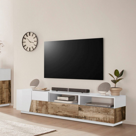 TV-teline 200x43cm seinäkiinnitteinen olohuone valkoinen moderni puu Hatt Wood Tarjous