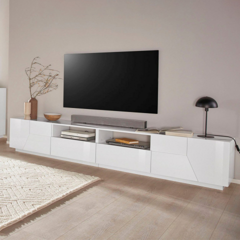 Moderni TV-teline 260x43cm olohuoneen seinäkaappi valkoinen kiiltävä Lisää Tarjous