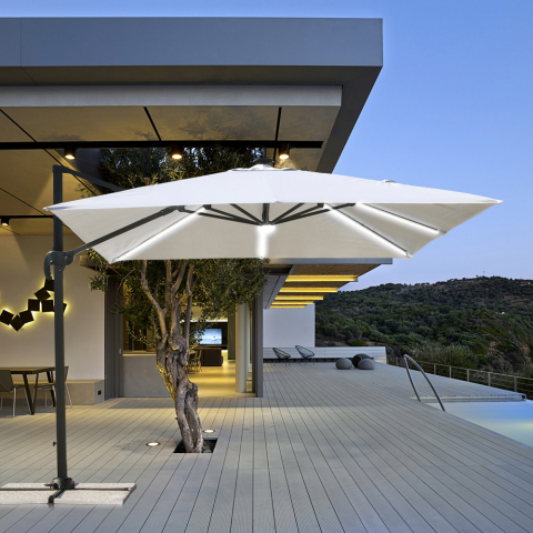 Iso aurinkovarjo terassille led valoilla ja aurinkoenergialla, neliö 3x3 sivumasto, alumiini anti uv Paradise
