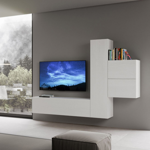 Olohuoneen seinäkaappi TV-taso 4 valkoista puista seinäkaappia, moderni muotoilu A17