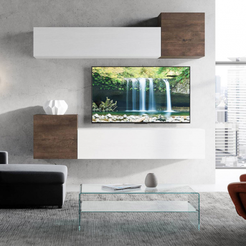 Seinälle kiinnitettävä 4-osainen valkoinen puinen TV-tason kalustesetti olohuoneeseen A37 Tarjous