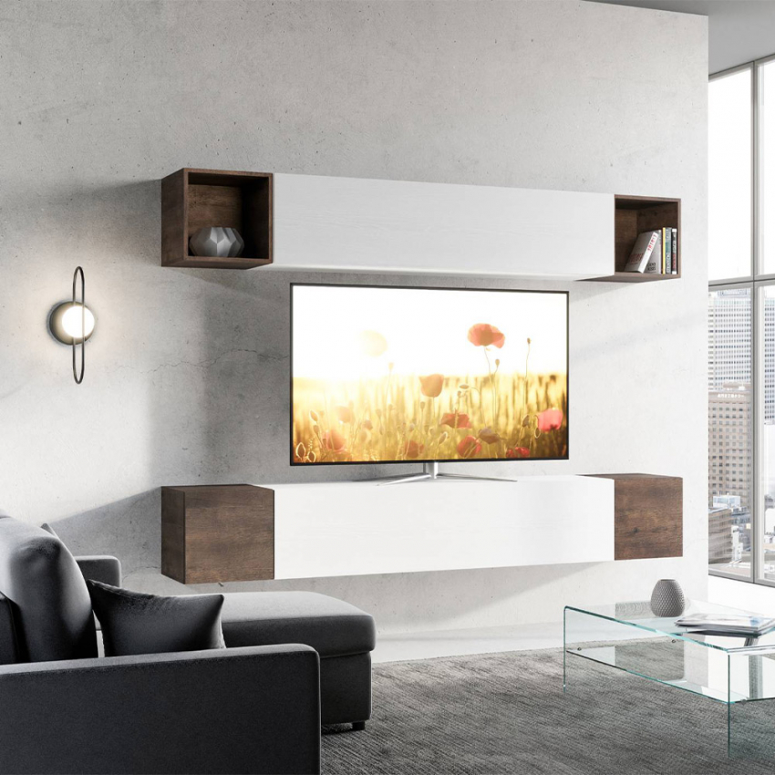 Moderni leijuva seinäjärjestelmä olohuoneeseen, TV-taso, valkoinen puu A38 Tarjous