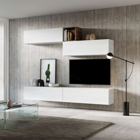 Moderni seinäkaappi TV-taso ripustettu valkoiseen puuhun A01