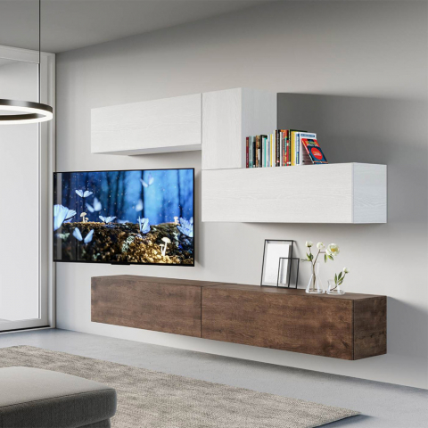 Seinälle kiinnitettävä TV-taso ripustettu valkoinen puinen moderni olohuone A04