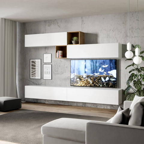 Olohuoneen seinäkaappi ripustettu TV-taso 4 valkoista puista seinäkaappia A110