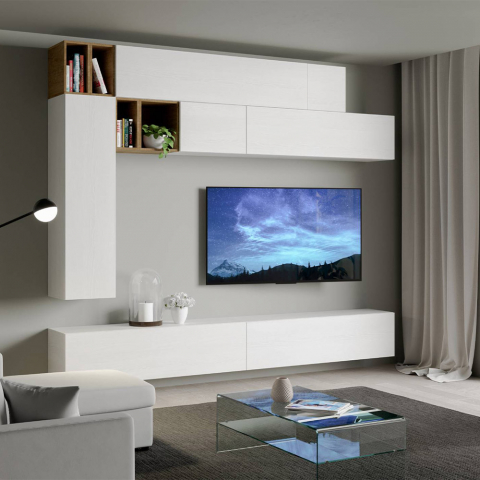 Moderni olohuoneen seinään kiinnitettävä TV-teline valkoinen puu A106 Tarjous